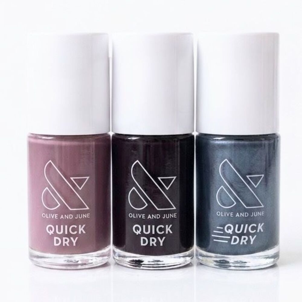 OLIVE AND JUNE 3 PACK Nail Polish QUICK DRY 1 Suited 1 Cardigan 1 Enchanted NEW